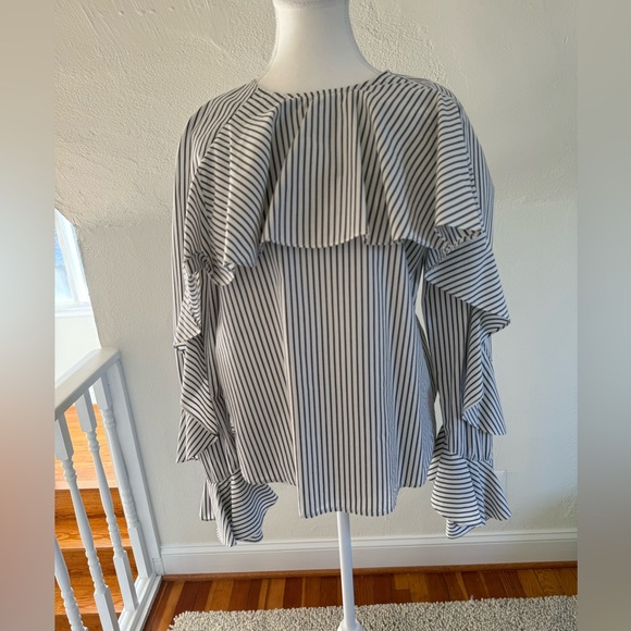 Veronica Beard Blue and White Striped Ruffle Blouse Size Small - Picture 3 of 9